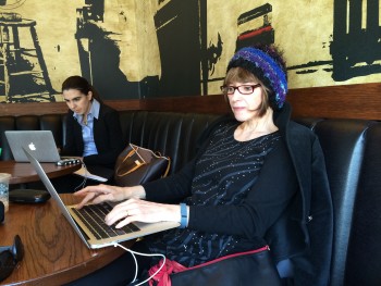 Writing in a coffee house -- this one in Lower Manhattan while I wait for my dog to be groomed 